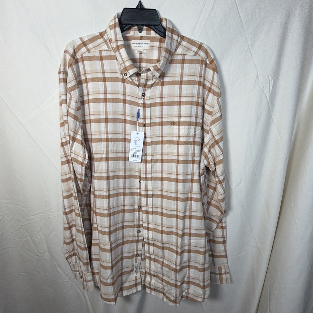 Southern Tide Mens Sand White Brown Plaid Flannel Button Down Shirt NWT XXL‎
